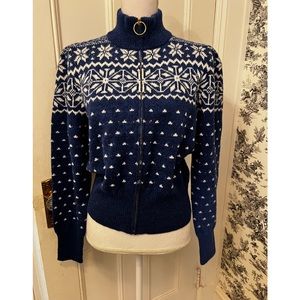 Tory Burch NWT womens 100% virgin wool zip front cardigan. Blue and white. Sz M